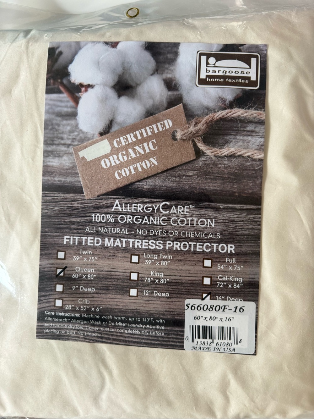 ALLERGY CARE 100% ORGANIC COTTON FITTED MATTRESS PROTECTOR QUEEN